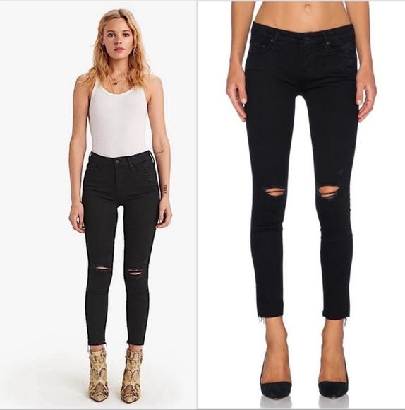 MOTHER The Looker Ankle Fray Black Distressed Denim Skinny Jeans Size 27 - Picture 8 of 15
